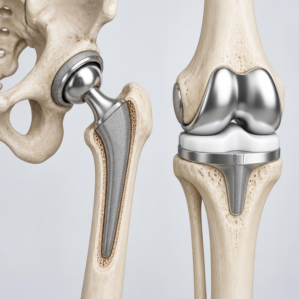 Illustration of hip and knee replacement implants